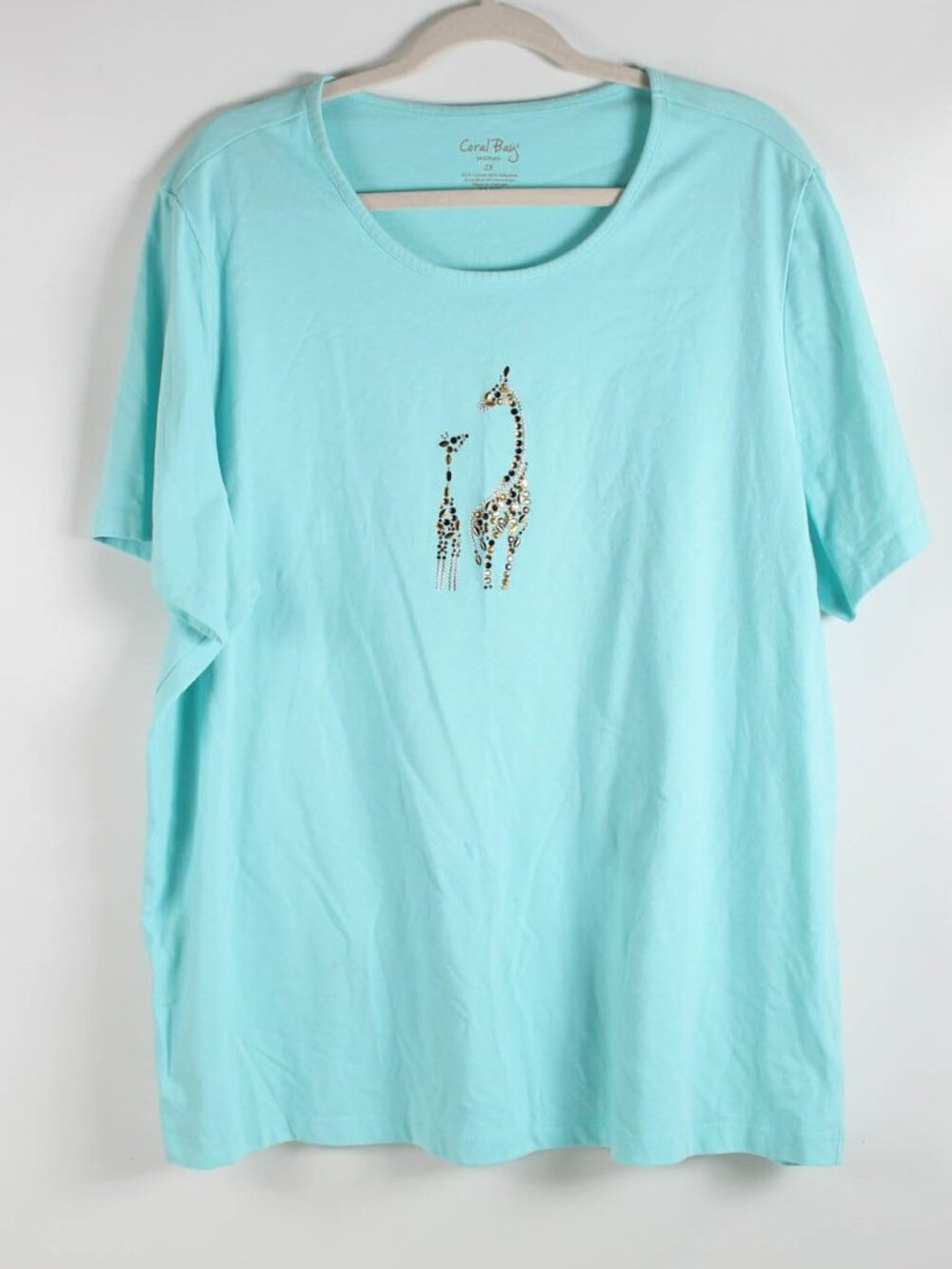 Coral Bay Women’s 2X Aqua Giraffe Rhinestone Embellished Short Sleeve T-Shirt